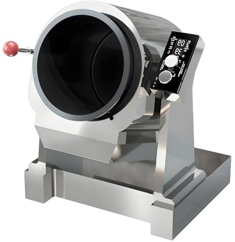 forplubossmmp Automatischer Wok Aus Edelstahl Mit 7-Fach Neigbarer Trommel, 1,5 Kg Fassungsvermögen Bei 30° Neigung, 9 Rührgeschwindigkeiten, Reisgaren Automatischer Pfannenrührroboter