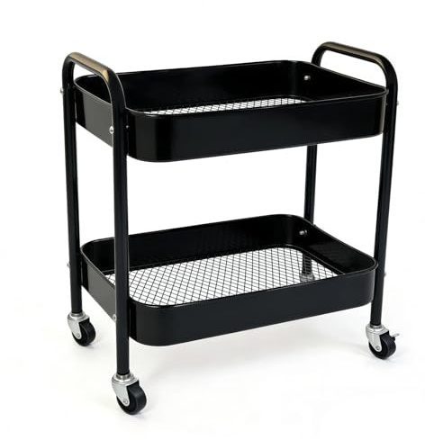 Ufriandz 2 Tier Metal Rolling Utility Cart with Wheels Under Desk Storage Cart with Handle, Roll Around Organizer Trolley for Small Space Pantry Bathroom Home Kitchen Office Snack Baby Supplies, Black