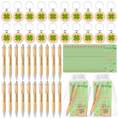 SevenMye 12er Set Viel Glück Geschenke Set Holz Kugelschreiber Kleeblatt Glücksbringer Dankeschön Glücksstift Team Geschenke,Abschiedsgeschenk für Kollegen,Kleine Geschenke für Kollegen