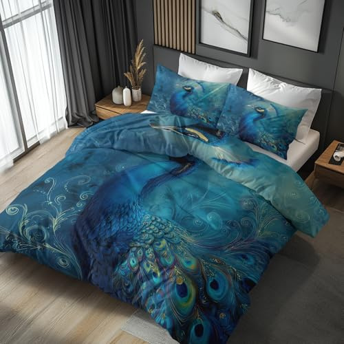 Generisch Bettwäsche 155x220 Blauer Pfau - Schlafzimmer Deko Bettbezug 155 x 220 2tlg Bunte Pfauenfedern Muster, 1 Kissenbezug 80x80, mit Reißverschluss, Weich Mikrofaser RU-82