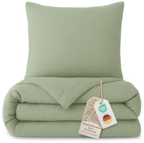 LAYNENBURG Premium Musselin Bettwäsche 135x200 cm + 80x80 cm - Oeko-Tex – 100% Baumwolle – atmungsaktiv & bügelfrei – 3 lagiges Musselin mit Reißverschluss & Haltebändern (salbeigrün)