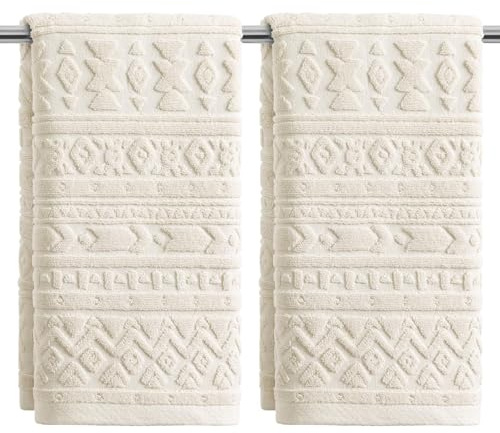 Artoid Mode Beige 3D Geometric Design Jacquard Hand Towels for Bathroom 35 x 75 cm, 100% Cotton Soft Absorbent Bathroom Decor Towels Set of 2