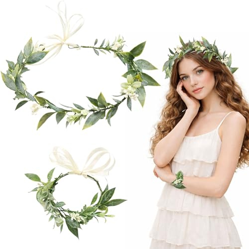 GWAWG Green Crown Leaf Crowns Set with Green Crown and Leaf Flower Bracelet Bohemian Wreath Headpiece Bridal Tiara Forest Costume for Wedding Party