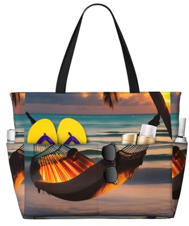 SMAZDFXX Hamaca de playa con diseño de puesta de sol, bolso de playa estampado de gran capacidad, bolso de mano plegable, adecuado para viajes y compras.