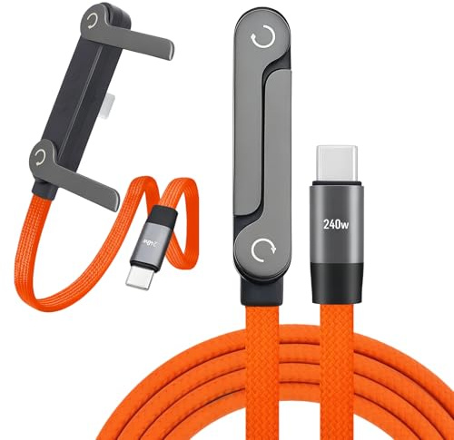 Cable USB-C 240W con Soporte Integrado, Nylon Trenzado Naranja 1.5m, PD 3.1 | Soporte invisible para ver vídeos sin manos, Funda trenzada anti-enredos, Compatible con móvil/tablet/portátil, Ángulo 90°