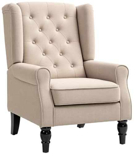 HOMCOM Sessel Ohrensessel mit Armlehnen, mit Kissen, Tufting, Beige | Loungesessel, Hoher Rückenlehne Armlehnensessel mit Holzbeine, Relaxsessel für Wohnzimmer, Schlafzimmer