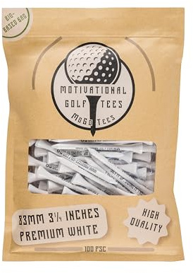 MoGoTees 83 mm Bamboo Golf Tees – 100 Stück mit Motivationssprüchen | Weiße Golf Tees aus Bambus mit 10 Motivationssprüchen, 83 mm Länge, 100 Stück, ideal für Training und Turnier.