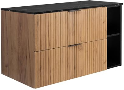 3E 3xE living.com Wandhängender Badezimmerschrank, Eiche Craft/Schwarze Marmor-Optikplatte (MDF), 100 x 57 x 46 cm