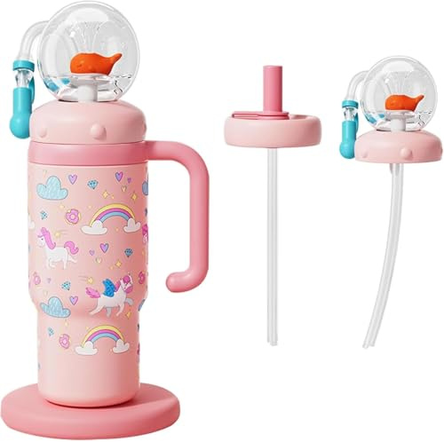 XUZIE Stainless Steel Whale Fountain Tumbler with Handle Whale Squirt Weighted Sippy Straw Cups with Handle Lid and Straw for Water, Iced Tea or Coffee, Smoothie and More
