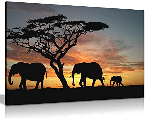 African Elephant Sunset Canvas Wall Art, Large 36x24 Inch, Pine Frame | Africa Landscape Picture for Living Room, Bedroom, Hallway and Stairs, Ready to Hang, Gallery Wrapped, UV-Resistant Inks