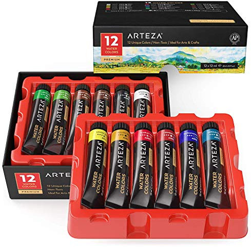 ARTEZA Ensemble Peinture Aquarelle Haute Qualité Pour Artistes, Set de 12 Tubes aux Couleurs Vives, Certifié Sûr ACMI - Débutants ou Professionnel