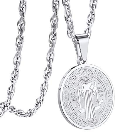 PROSTEEL Benediktuskreuz Kette für Damen Herren Edelstahl St. Benedikt Medaille Runde Anhänger Halskette 55+5cm Singapurkette religiöse Amulett Modeschmuck Accessoire