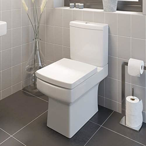 Affine® Royan Modern Bathroom Cloakroom Close Coupled Toilet Short Projection WC Toilets Soft Close Seat Square Pan Dual Flush Cistern, White Gloss