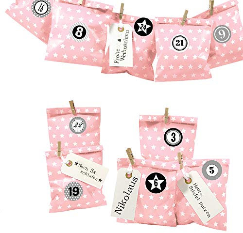 Frau WUNDERVoll® DIY Adventskalender zum Befüllen Bescherung: Set Stern 110, Papiertueten flach 13x16,5cm, rosa Stern, Ziffern grau