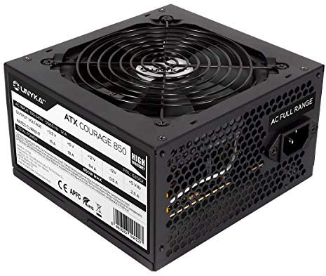 UNYKAch Fuente de Alimentación ATX Courage 850W Alta Eficiencia, con PFC Activo, Voltaje de Entrada 100-240V (Full Range), Ventilador Super Silencioso, Especial Profesionales y Gaming