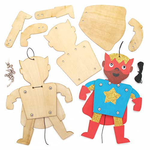 Baker Ross AT898 Heroes Puppet Kits - Pack of 4, Hero Wooden Craft Kits for Kids Painting, Making and Decorating Arts and Crafts Activities