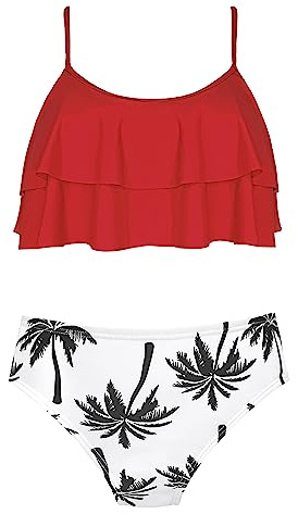 SHEKINI Maillots de Bain Deux Pièces Filles Imprimé Volants Réglable Halter Bikini Top Tankini Set Filles 2 Pièces Triangle Bas de Bikini de Plage pour 6-14 Ans(12-14 Years, Rouge Y/Fille)