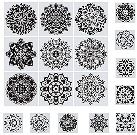 Woohome 18 Stück Mandala Schablonen, Mandala Dot Wiederverwendbare Malschablonen Mandala für DIY Wand, Felsen Stein, Holzmöbel und Mehr (30 x 30CM, 15 x 15CM)