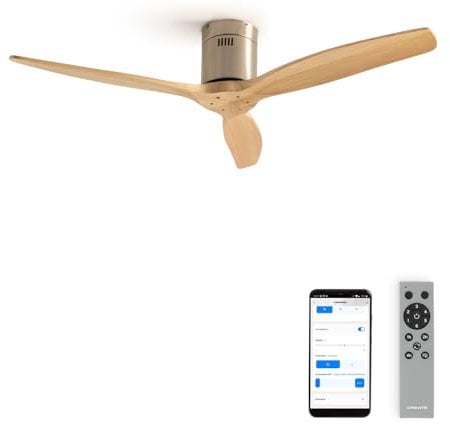 CREATE / WINDCALM M/Deckenventilator ABS Nickel Hellesholzflügel-Optik mit WLAN Fernbedienung/Leise, 40W, Ø132cm, Timer von 1 bis 4 Std., DC-Motor, Sommer-Winterbetrieb