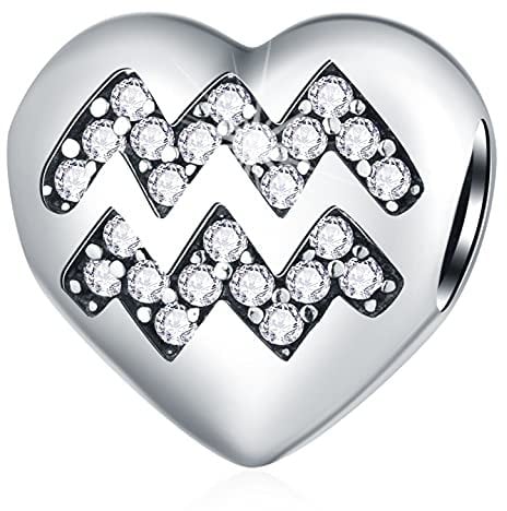 Aquarius Zodiac Sign Charms, fits Pandora Birthday Bracelet, 925 Sterling Silver Heart Beads I Love My Constellation with CZ, Agr Star Horoscope Gifts for Grandma/Valentines
