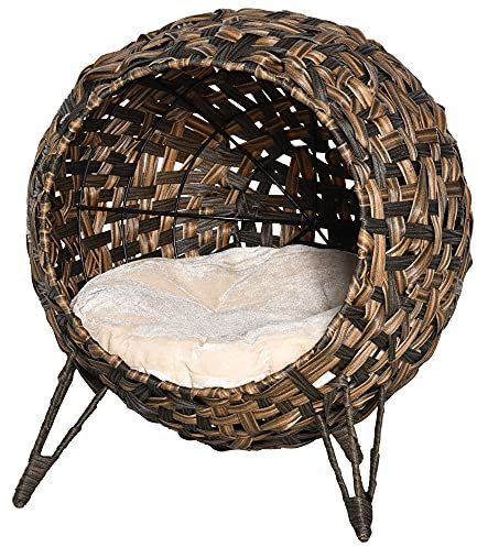 PawHut Panier Chat lit surélevé Chat Cosy Niche Grotte Grand Confort dim. Ø 52 x 58H cm Coussin Moelleux Beige Inclus résine tressée Imitation rotin Marron