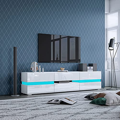 TV Stand with LED Lights, Modern High Gloss TV Cabinet TV Unit 177CM with 2 Doors and 1 Drawer for Bedroom Living Room Home Furniture (White)