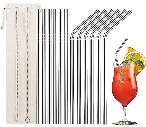 Alfresco Pajas Metálicas, 12 Piezas Reutilizables 6 Rectas + 6 Curvas, 21 cm Pajitas con 2 Cepillos de Limpieza y 1 Bolsa de Transporte Portátil