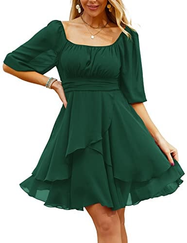 Beluring Summer Dress for Women Casaul Empire Waist Mini Dress Ruffle Hem Flare Short Dress Dark Green L