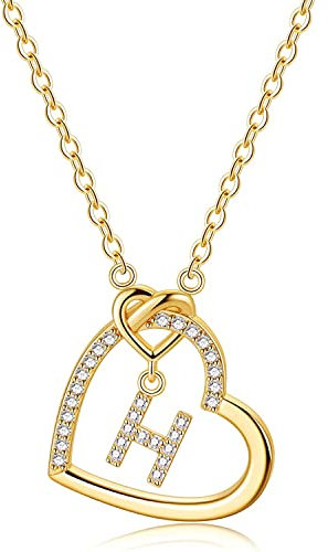LIHELEI Damen Halskette Herz Buchstabe 925 Silber Kette Damen Personalisiere Kette, Geburtstags und Weihnachten Geschenk Für Frauen Mädchen Mama Freundin - H(Gold)