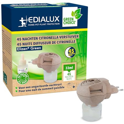 Edialux Diffuseur électrique Liquide Anti Moustique à la citronella, Prise écoresponsable avec Recharge, Protection Naturelle de 45 Nuits, sans Danger pour Les Enfants