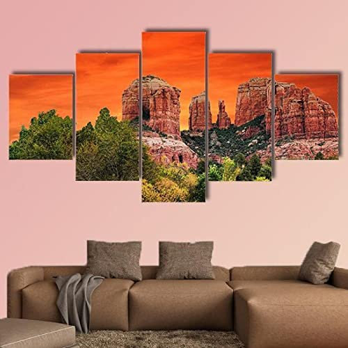 Kunstdrucke 5 Teilig Bilder Leinwand,leinwandbilder 5 teilig wohnzimmer dekoration,5 Teilig Wanddekoration Sonnenaufgang am Cathedral Rock Sedona Arizona,Bilder auf Leinwand 5 teilig Poster,100x55cm