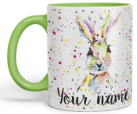 Vixar Personalised with Your Text Hare Bunny Rabbit Watercolour Art Coloured Ceramic Mug Cup Gift 330ml 11oz Custom Work Office Tea Coffee (L Green)