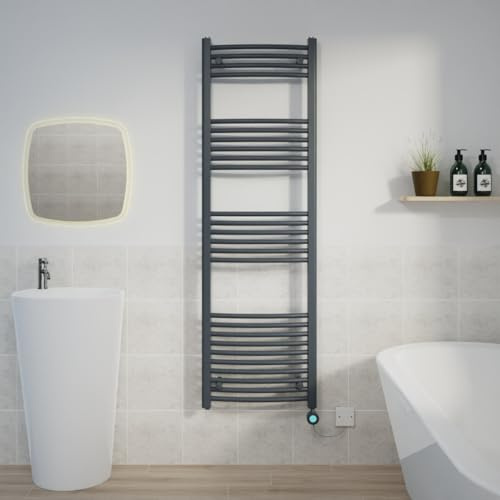 Warmehaus Electric Towel Rail Curved Grey Thermostatic Timer 1600x500mm | 4 Timer Settings, LCD Display, Child Lock, T Piece, Prefilled, Ladder Style, Towel Warmer Radiator for Bathrooms