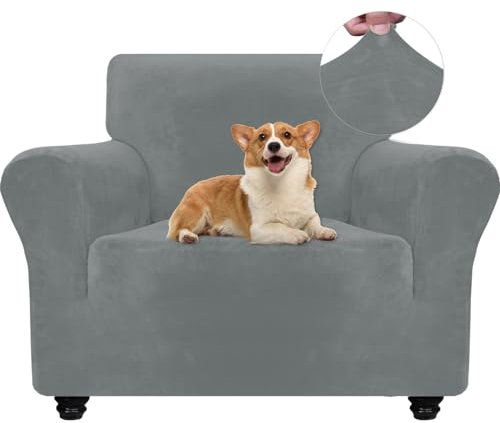 Ystyle Samt Sofabezug 1 Sitzer, Stretch Sofa Überzug, Sofaschoner rutschfest, Elastischer Couch Überzug, Sofa Cover Mit Armlehnen, Sesselschoner Sofaschutz Katze Sesselbezug, Hellgrau