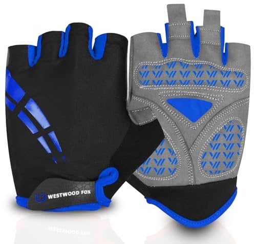 WESTWOOD FOX Fahrradhandschuhe für Herren und Damen Halbfinger-Gel-gepolsterte rutschfeste Mountainbike-Handschuhe atmungsaktive Stoßdämpfung griffige Handfläche (BLAU, L)