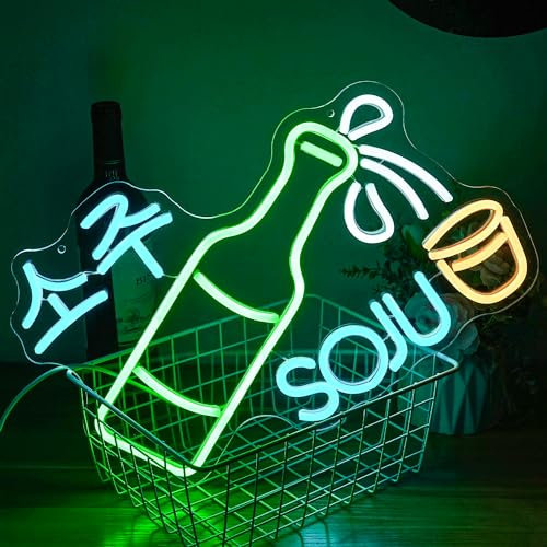 alkkign Soju - Letrero de neón coreano Soju con luz de neón LED de vidrio Soju, letrero de neón coreano para bar, restaurante, cocina, restaurante, decoración de bodega