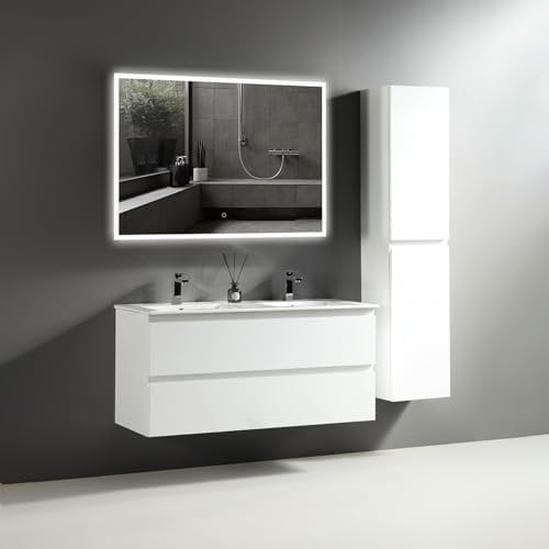 Alpenberger Badezimmermöbel Set | Waschbecken mit Unterschrank | Doppelwaschbecken Doppelwaschtisch mit Led Spiegel Bad | Badschrank Hochschrank | Waschbeckenunterschrank (Vivento 120 Weiß)
