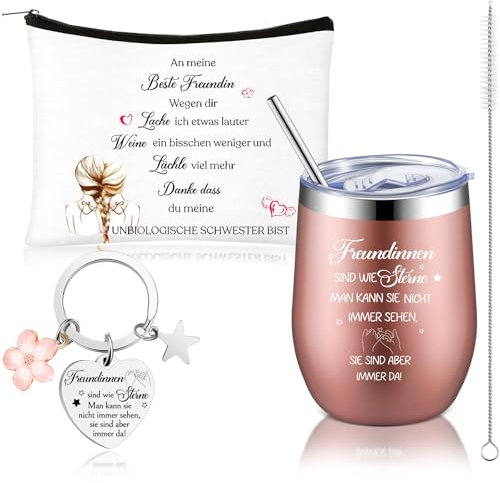 Hestya 3 Stück Beste Freundin Thermobecher Geschenkset 12 oz 350 ml Edelstahl Kaffeebecher mit Gravur Freundschafts Schlüsselanhänger Freundinnen Kosmetiktasche Geburtstagsgeschenk für Freundin