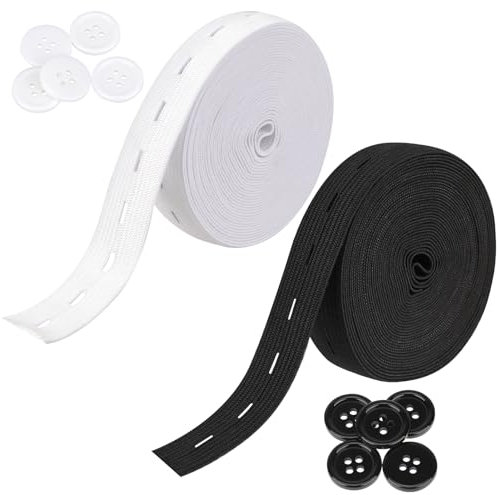 Mozeat Lens 2 Rollen Gummiband mit Knopfösen 5m Gummiband zum Nähen Elastisches Stirnband für Hosenrock Gummiband mit Knöpfe Knopfloch Spule zum Stricken Taillenbändern (schwarz, weiß)