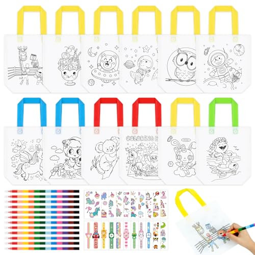 12 Stück Taschen zum Bemalen für Kinder,Stoffbeutel zum Bemalen und 12 Graffiti Buntstifte(12 Farben in 1) Tasche zum Bemalen für Mitgebsel Kindergeburtstag,Geschenktüten Kindergeburtstag