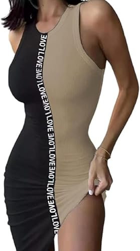 Damen Sommer Mini DressFarbe passend Rüschen Ärmellos gerippt Strick Casual Party Club Kurze Tank Kleider Basic Rundhalsausschnitt (Khaki,XXL)