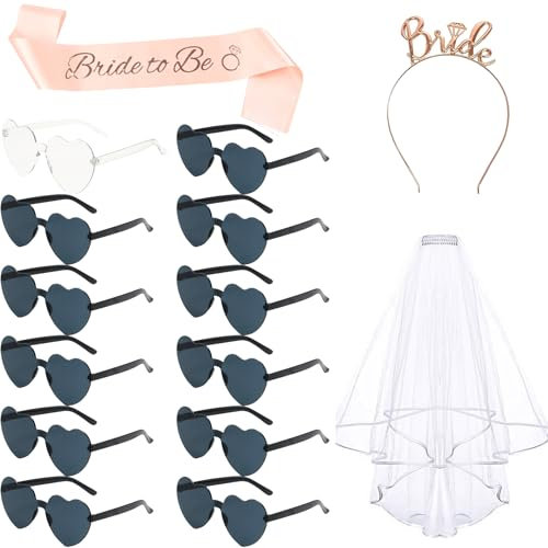 jenich 15 Stück JGA Sonnenbrille Frauen Sonnenbrille Herz JGA Brille Herzform Braut Schleier JGA Braut Schärpe Haarreif JGA Accessoires Junggesellenabschied