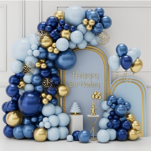 Luftballon Geburtstag Blau Gold, 105pcs Ballon Girlande Blau Gold Set mit Navy Blau Baby Blau Ballon Gold Konfetti Ballon, Bluey Geburtstagsdeko Junge für Hochzeit Babyparty Taufe Verlobung Party Deko