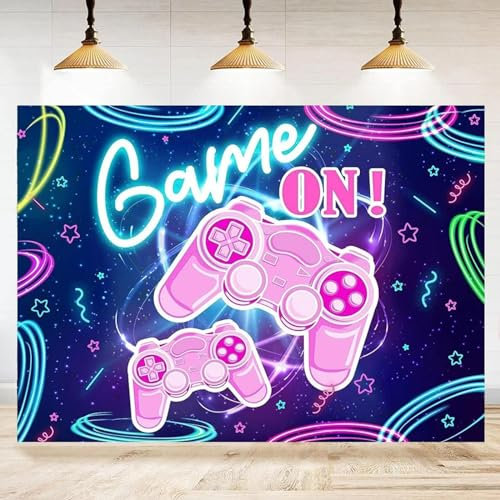 Photography Backdrop Neon Gaming Controller Game Gamepad On Pink Blue Video Game Cool Background Party Decorations Banner 200x140CM