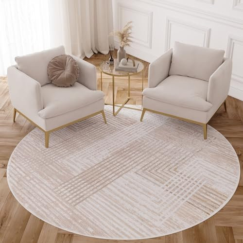 TAPISO Crystal Rund Teppich Kurzflor Glänzend Beige Braun Weiß Streifen Geometrisch 3D Effekt Wohnzimmer Schlafzimmer Modern Design ÖKO-TEX 120 x 120 cm