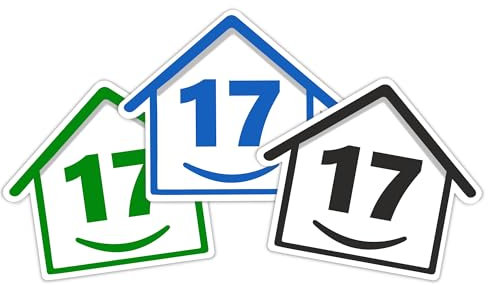 3 x Bin Numbers for Wheelie Bins, 1-99, 15cm ‘Happy House’ Colour Design Dustbin Stickers, Easy Application Stick On Number Stickers - Weatherproof Self Adhesive Vinyl – Blue, Black and Green (17)