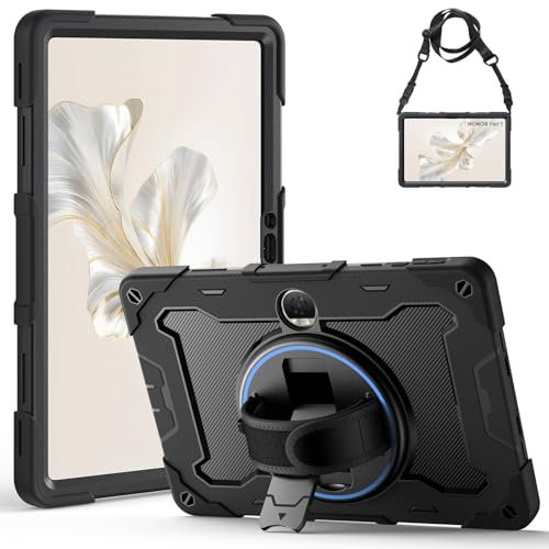 Gerutek Cover per Honor Pad 9 12.1 Pollici 2024, Custodia Robusta in Silicone Antiurto con Cavalletto Girevole 360 e Cinghia a Mano/Spalla per Honor Pad 9 Cover, Nero