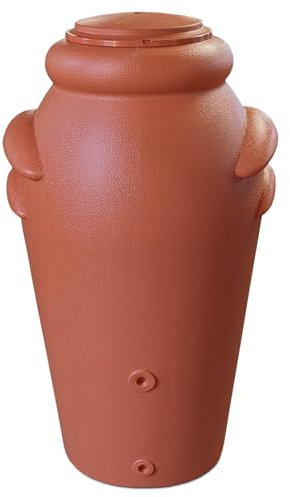 Serbatoio dell'acqua piovana 200 l, in terracotta anticata, resistente al gelo, ai raggi UV e con rubinetto, coperchio e vaso per piante