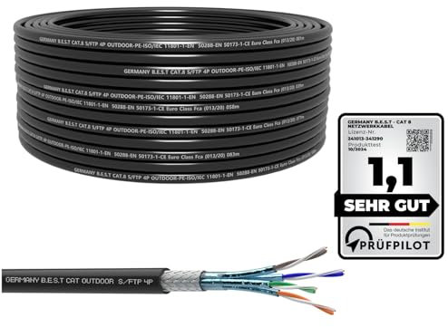 Germany B.e.s.t 50M CAT 8 Erdkabel Netzwerkkabel Outdoorkabel Kupfer LAN Kabel Ethernetkabel S/FTP 40 Gbit/s Kat 8 reines Kupfer Datenkabel PoE++ LSZH Datenkabel Simplex