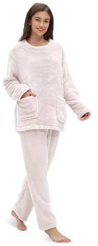 Friendumo Set pigiama da donna in pile corallo, abbigliamento da notte per la casa, morbido pigiama da donna a due pezzi a maniche lunghe e pantaloni caldi pigiama con tasche, bianco, S